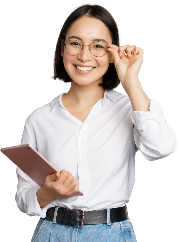 Smiling Woman in Eyeglasses Holding a Tablet